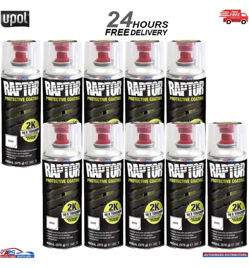 10 X UPOL RAPTOR 2K TOUGH BED LINER U-POL PROTECTOR 400ML AEROSOL - WHITE